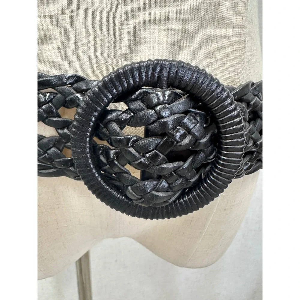 Lauren Ralph Lauren Black Braided O Ring ‎ Leather Wide Waist Belt Size X Large